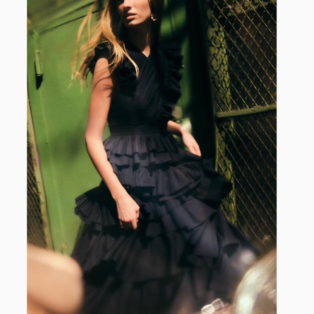 Ulla Johnson Aurore Tiered Ruffle Midi Dress Navy Sz4 Cocktail Event Party - Picture 5 of 11